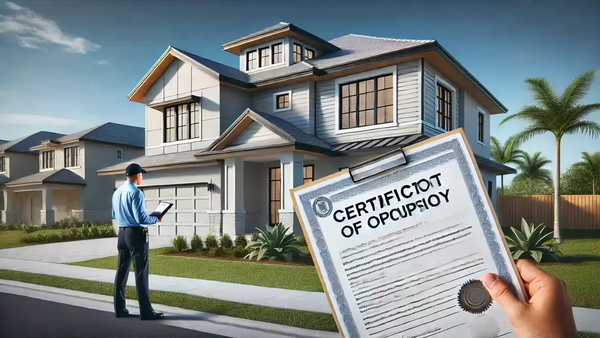 A modern two-story new build is being inspected by an assessor. In the foreground, there is a certificate of occupancy.