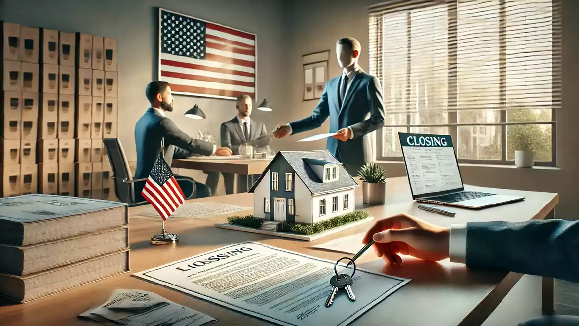 Image of a modern office where businessmen are negotiating the sale of a house. A model of the house is on the table. American influence is visible through a USA flag.