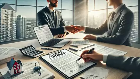Business people in an office discussing and signing a contract. A closing statement document is on the table in the foreground.