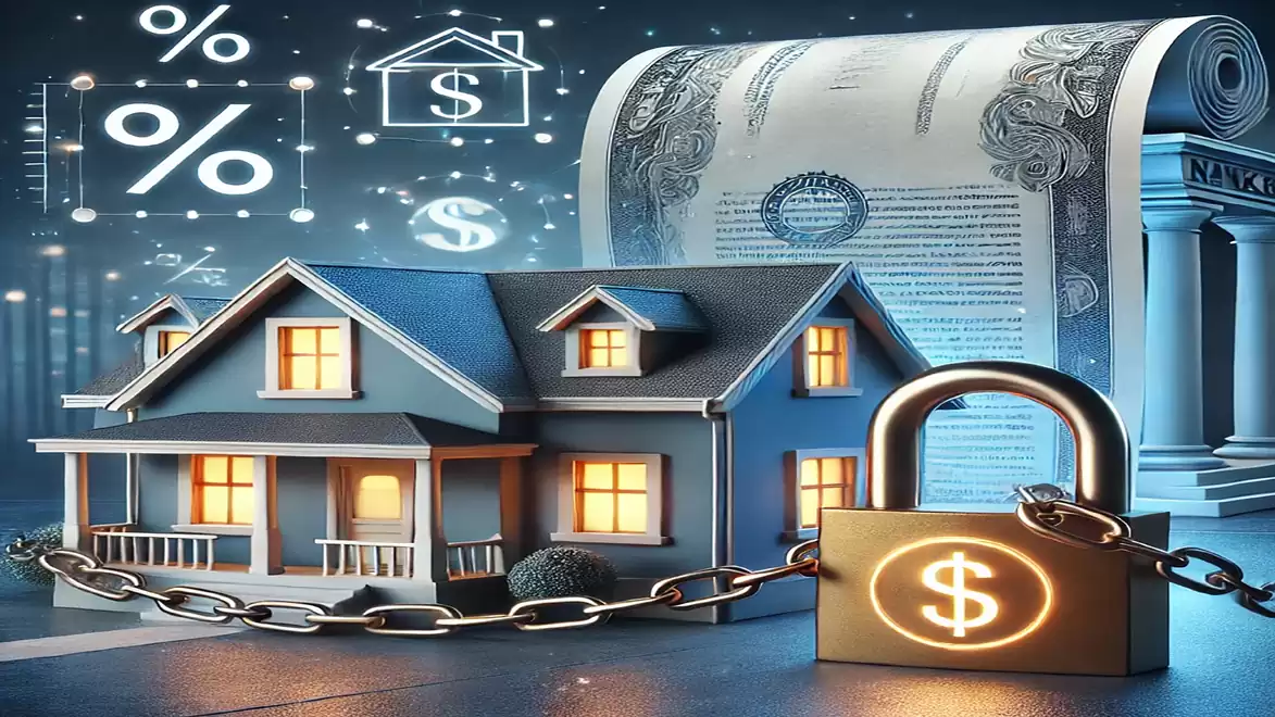 Illustration of a house with a lock in the foreground symbolizing financial security. Percentage symbols and a dollar bill roll are visible in the background.