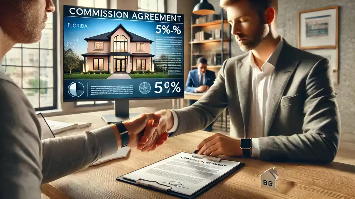 Two businessmen in suits finalize an agreement. A screen in the background displays a house in Florida with a commission rate of 5%.
