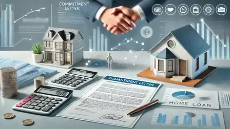 Two hands shaking over a desk with loan documents, model houses, calculators, and charts indicating real estate financing.