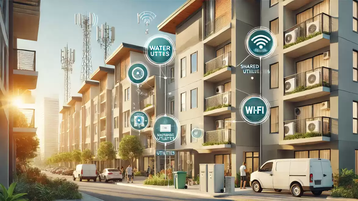 Modern residential complex with digitally connected building services like water, utilities, and Wi-Fi in an urban setting.