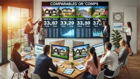 People in a modern office analyzing real estate data on multiple screens.