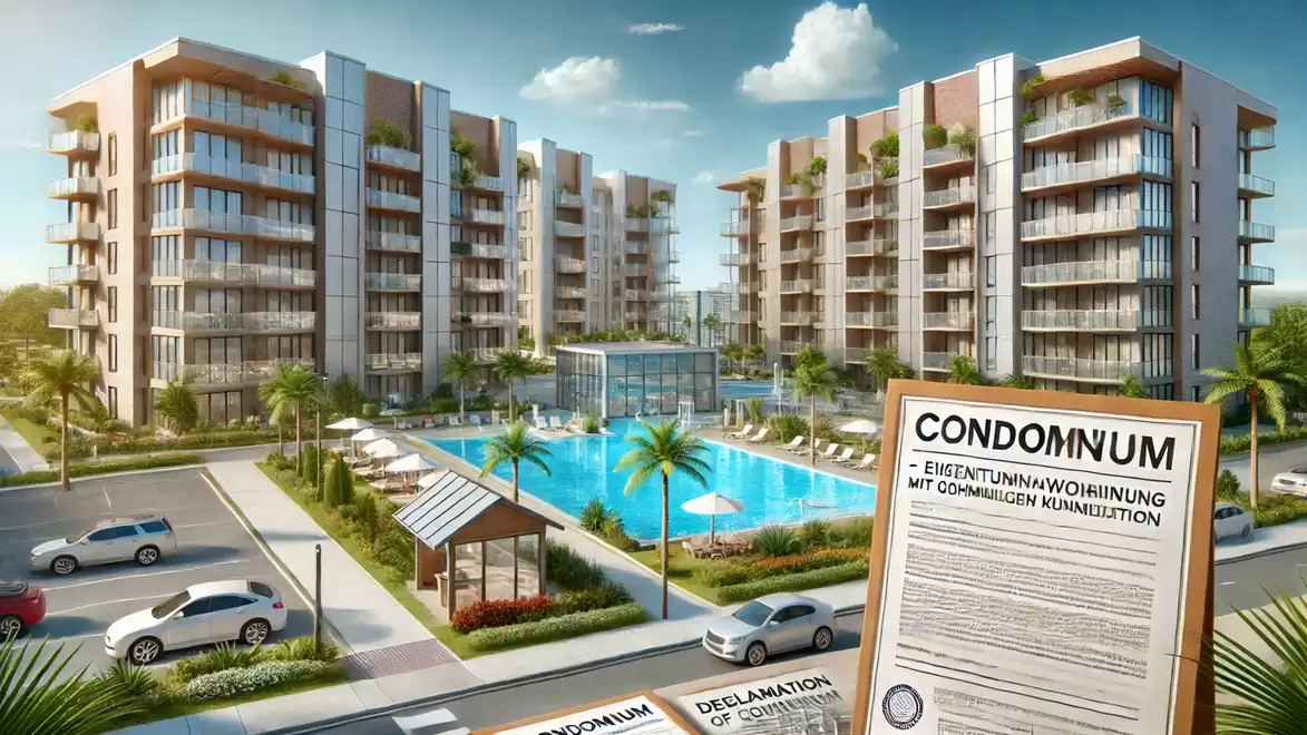 Modern residential complex with multiple condominiums, a large pool, and well-maintained green areas, ideal for comfortable living.