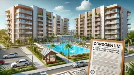 Modern residential complex with multiple condominiums, a large pool, and well-maintained green areas, ideal for comfortable living.