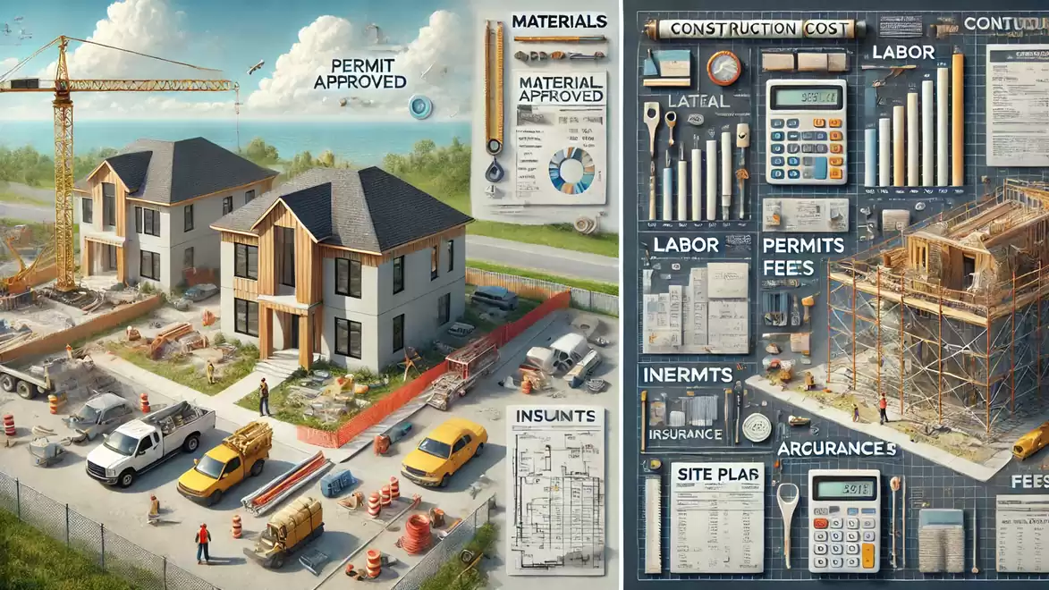 Construction project with approved permit, material list, construction workers and machinery at the site.