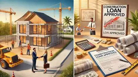 A construction site scene with a house under construction and a successful loan application in an office.