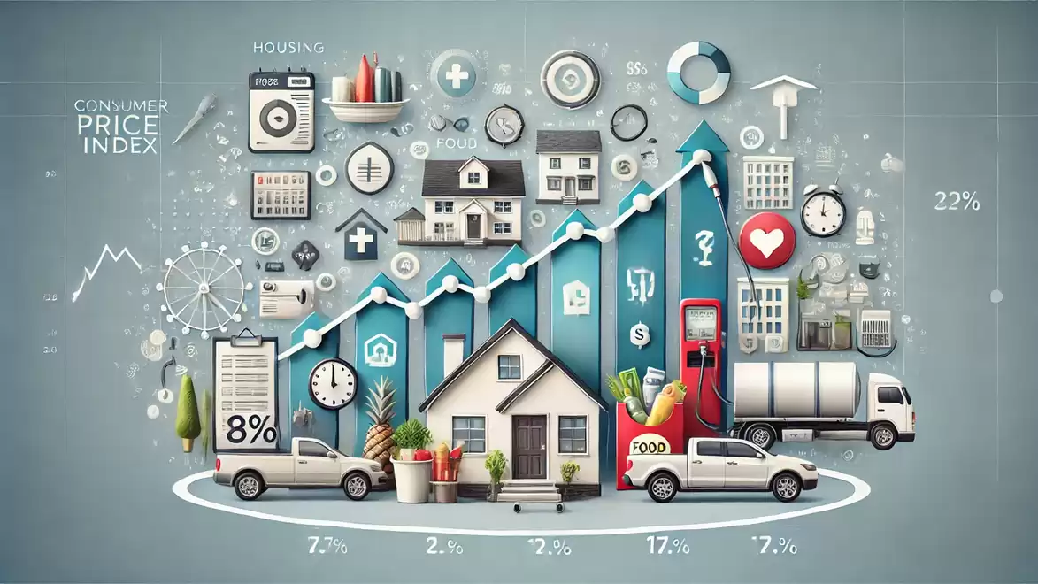 Illustration of the consumer price index with symbols for money, percentages, houses, cars, trucks, and graphs.