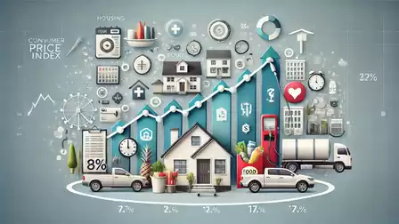 Illustration of the consumer price index with symbols for money, percentages, houses, cars, trucks, and graphs.
