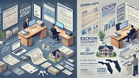 Office scene with two employees working on computers. Surrounded by documents and diagrams about escrow accounts and financial transactions.