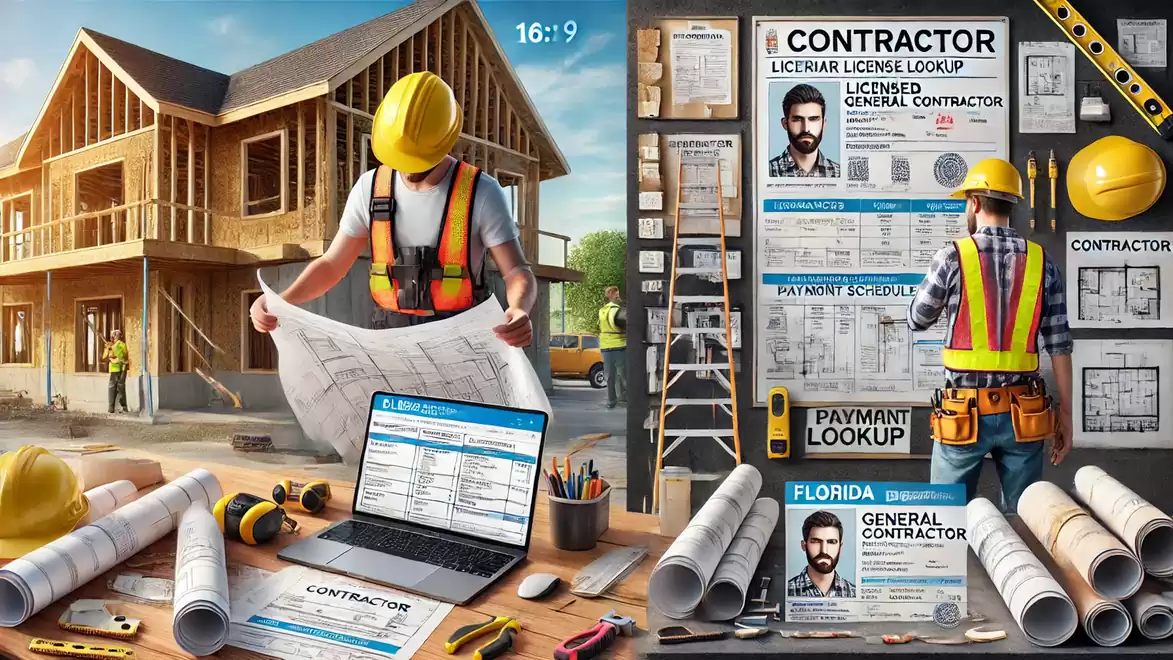 Construction scene with a worker examining plans in front of a wooden house under construction, and a laptop showing contractor details. Various tools and plans are visible.