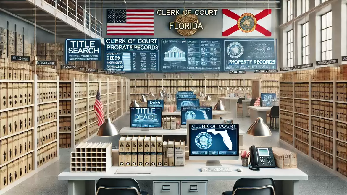 Interior of a US court archive in Florida with shelves full of files, computers, and American flags.