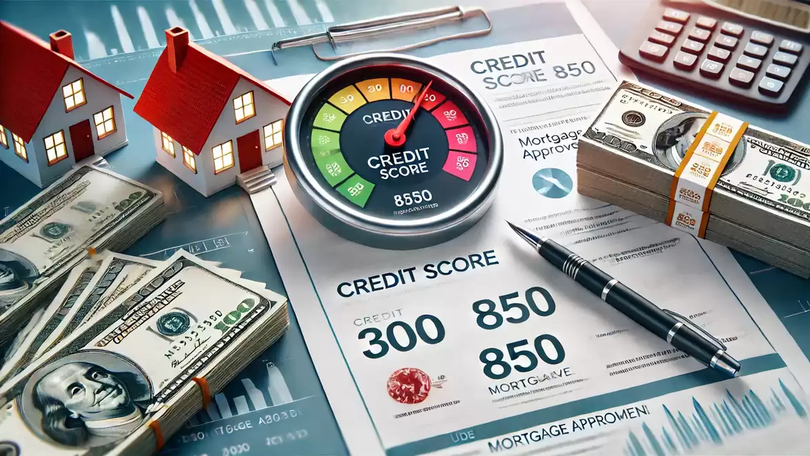 An image depicting a financial concept with a credit score report, cash bills, a pen, a calculator, and small model houses.