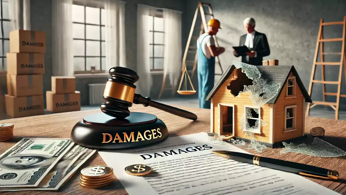 A desk with documents, a damaged toy house, a gavel labeled 'Damages', cash bills, and two men in the background in an office or construction site.