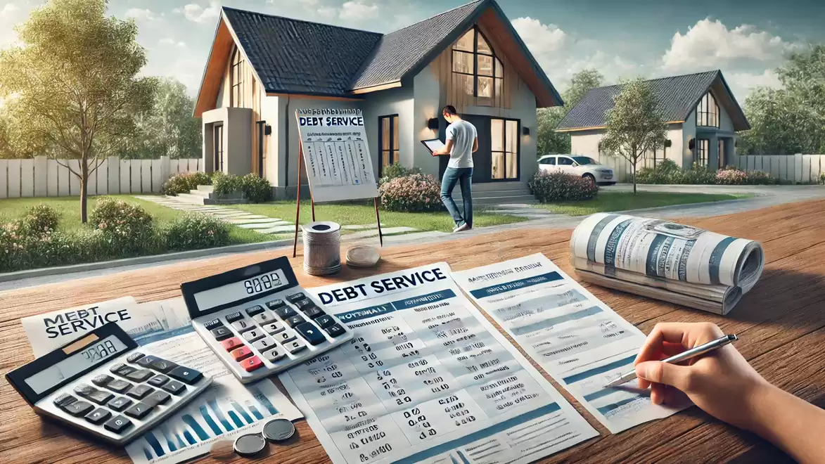 Illustration of a suburban area with a modern house, focusing on financial documents for debt service, calculators, and writing tools on a table in the foreground, while a couple is viewing the house in the background.
