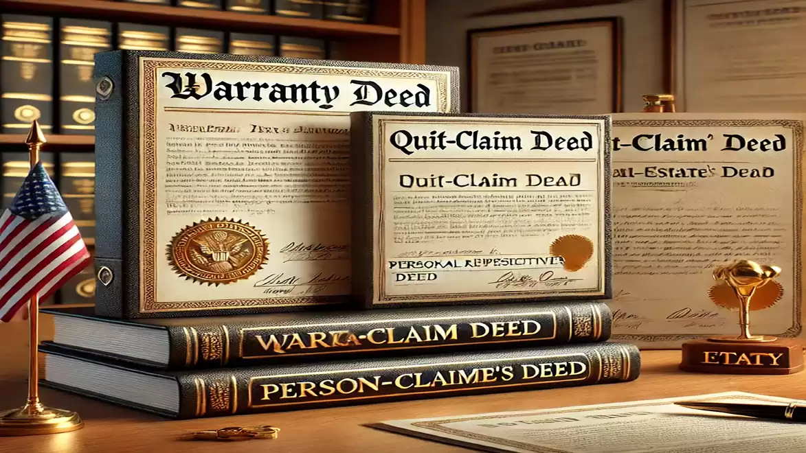 A desk in an office featuring several documents and books on legal topics such as Warranty Deed and Quit-Claim Deed.