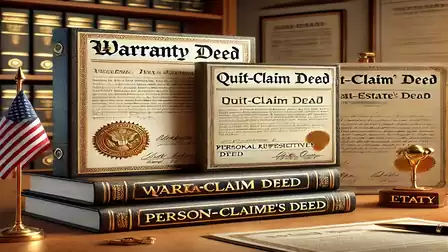 A desk in an office featuring several documents and books on legal topics such as Warranty Deed and Quit-Claim Deed.