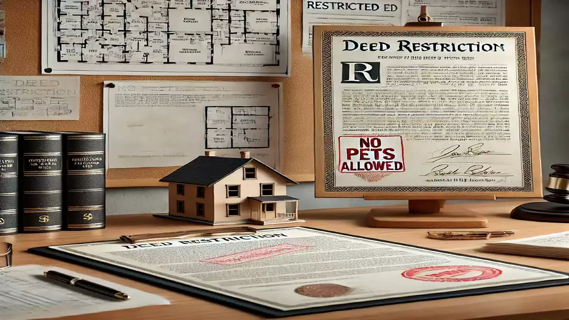 A desk with deed restriction documents, including blueprints, a miniature house model, and a sign reading 'No Pets Allowed'.