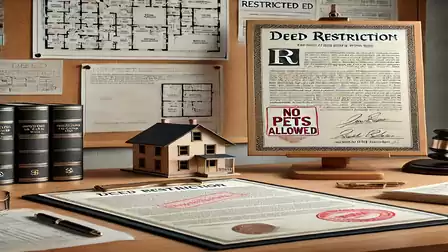 A desk with deed restriction documents, including blueprints, a miniature house model, and a sign reading 'No Pets Allowed'.