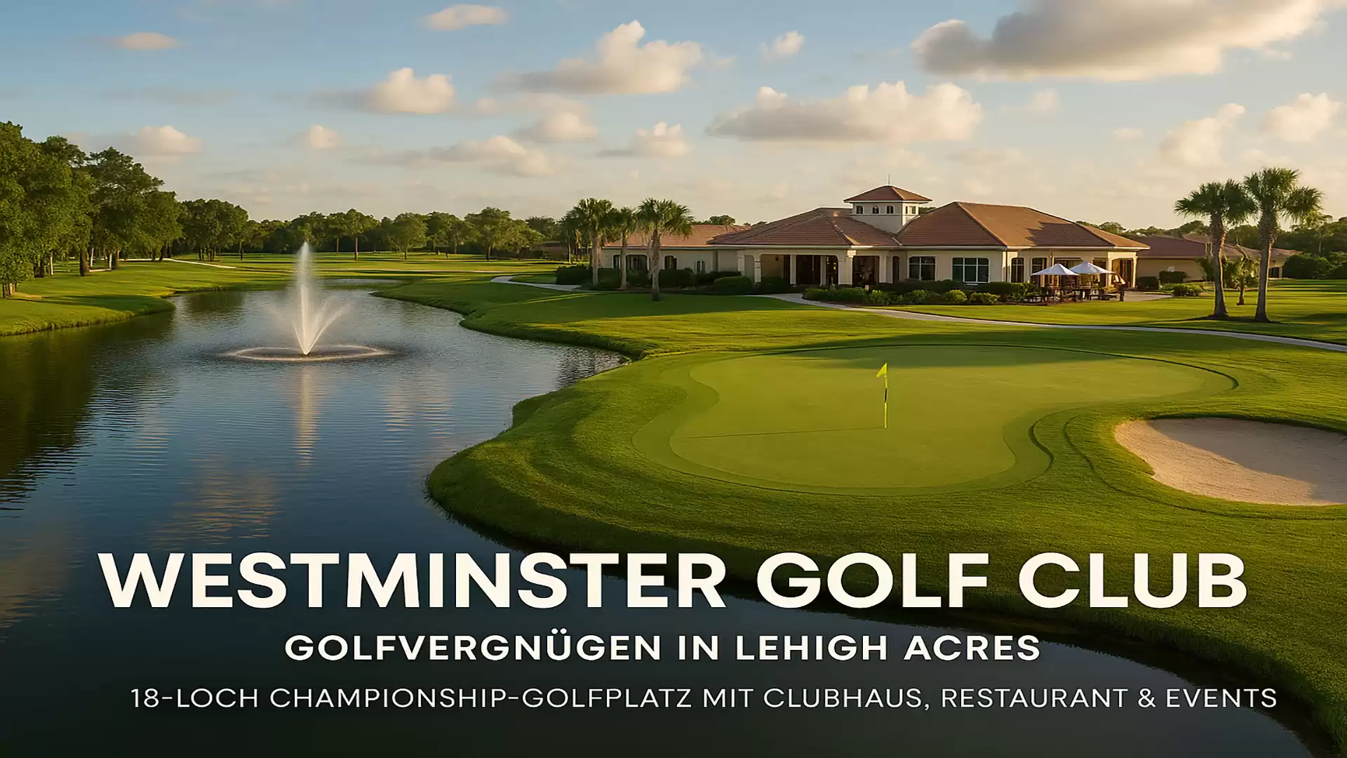 Panoramic view of the Westminster Golf Club featuring a large pond, manicured greens, and a clubhouse in the background.