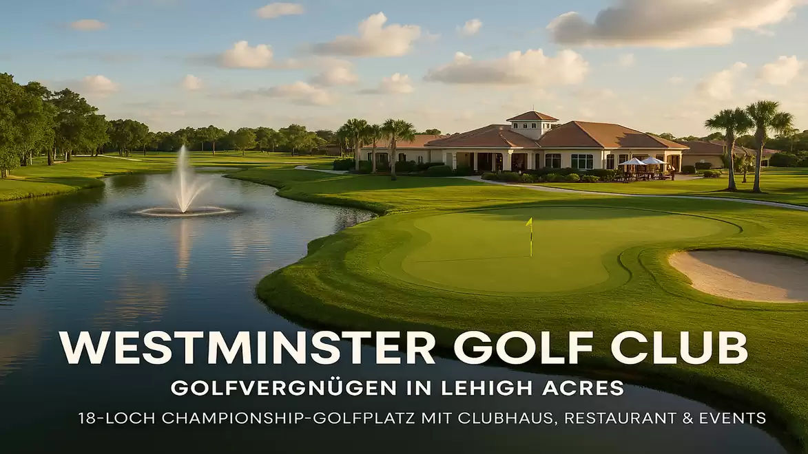 Panoramic view of the Westminster Golf Club featuring a large pond, manicured greens, and a clubhouse in the background.