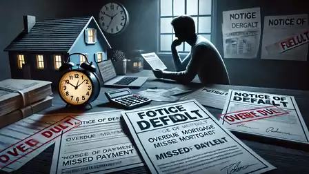 Silhouette of a contemplative man in a dimly lit room, surrounded by default notices and a model house. Symbol for financial issues and debt management.