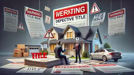 A house with a 'Defective Title' warning sign. People discussing documented issues with house and car titles. Warning notices hanging in the background.