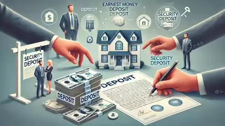 Illustration of security deposits in real estate with symbols like a house, a contract, and banknotes.