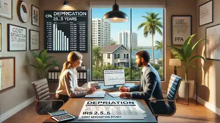 Two people in a modern office working at a table with a laptop. Charts and posters on depreciation are displayed on the walls. Large windows provide views of tropical palm trees and a city skyline.
