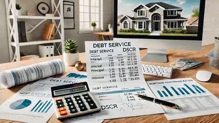 Office workspace with financial documents and calculator; in the background, a computer monitor displaying a house picture.