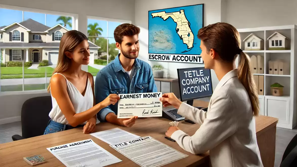 A young couple sits in a modern office, handing over an earnest money check to a realtor. In the background, an escrow account and real estate documents are visible.
