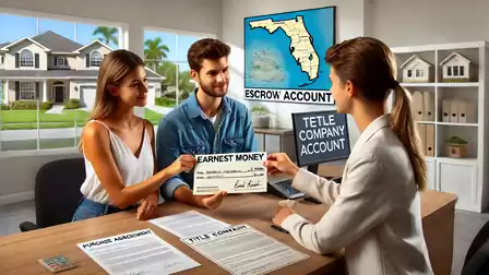 A young couple sits in a modern office, handing over an earnest money check to a realtor. In the background, an escrow account and real estate documents are visible.