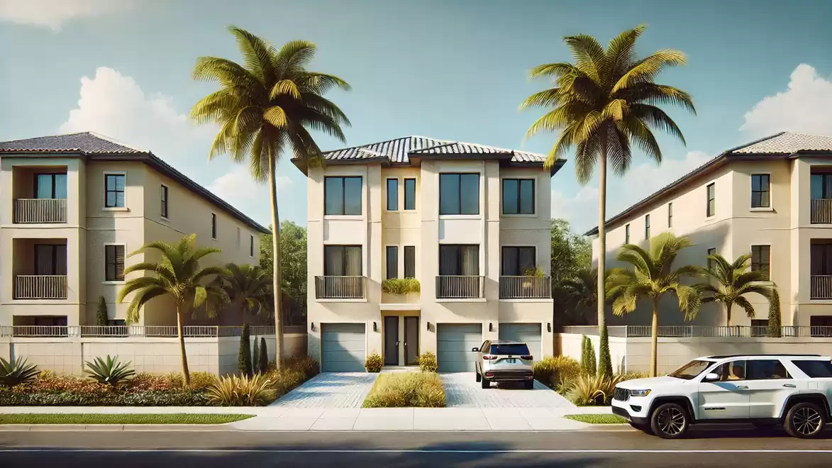 Modern townhouses with palm trees and parked cars in a sunny residential area.