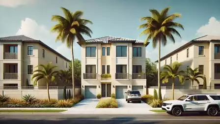 Modern townhouses with palm trees and parked cars in a sunny residential area.