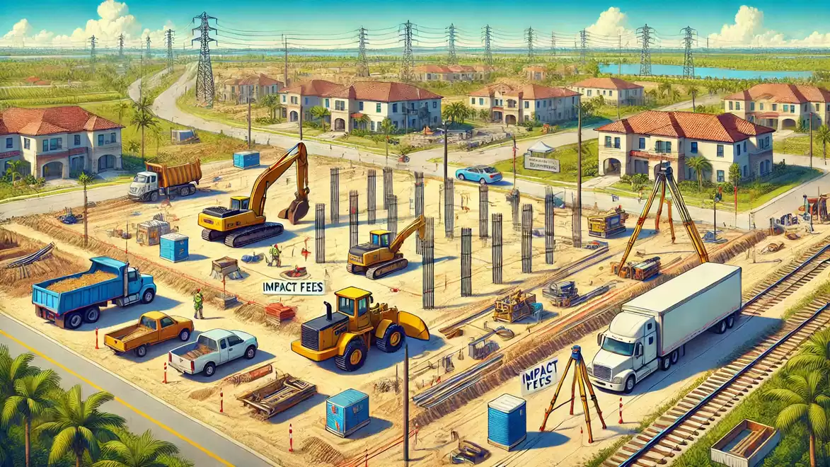 Aerial view of a modern construction site in a residential area with excavators, trucks, and construction workers, surrounded by existing houses and power lines under a blue sky.