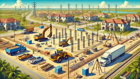Aerial view of a modern construction site in a residential area with excavators, trucks, and construction workers, surrounded by existing houses and power lines under a blue sky.