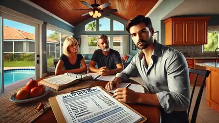 A focused man sitting at a table discussing documents with an older couple, with a pool and house in the background.