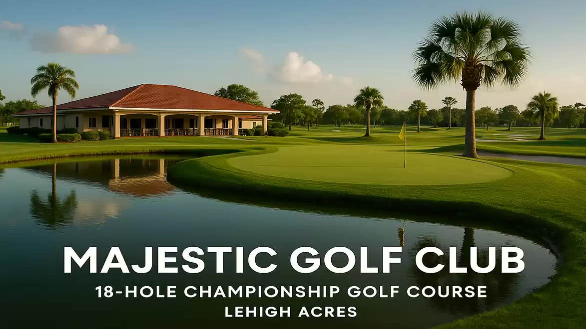 A well-maintained golf course with a clubhouse in the background, surrounded by palm trees and a small pond reflecting the serene environment.