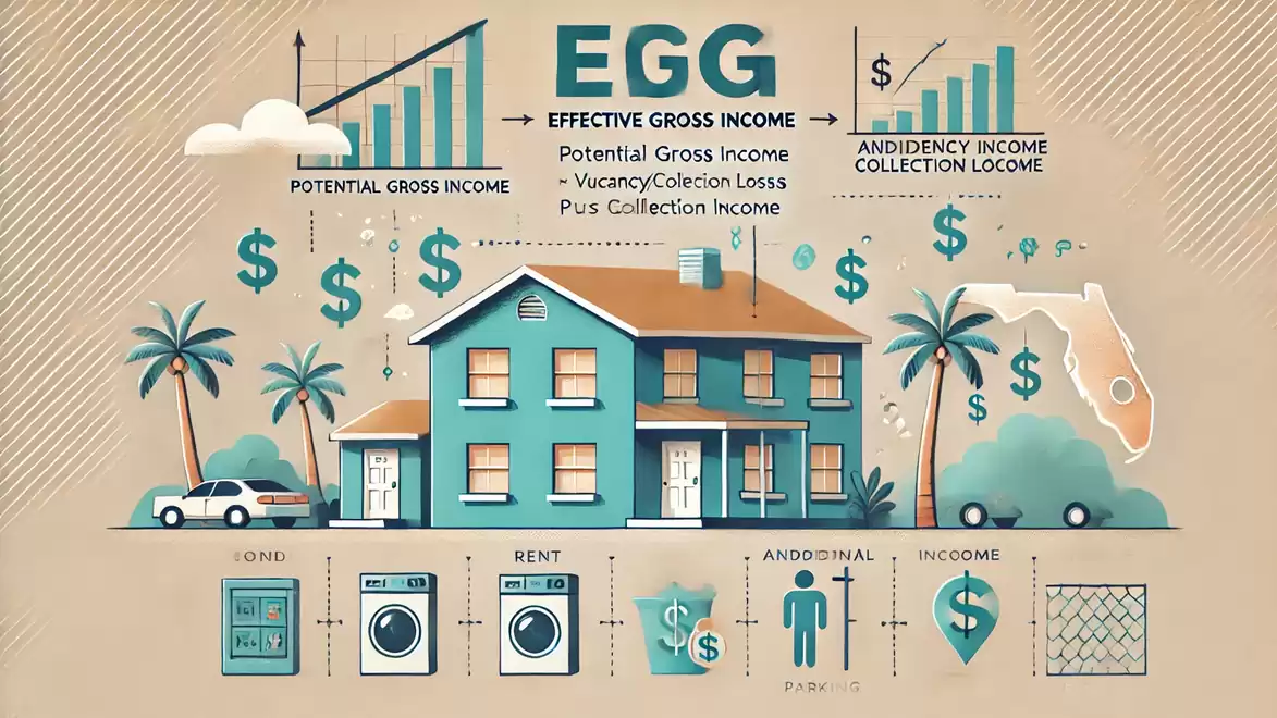 Infographic of a house showing different income types and graphs illustrating effective gross income.
