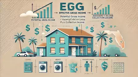 Infographic of a house showing different income types and graphs illustrating effective gross income.
