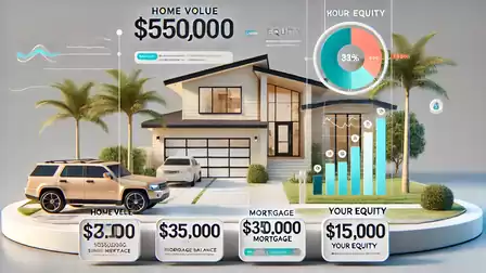 Modern houses with financial data including property value, mortgage, and equity.