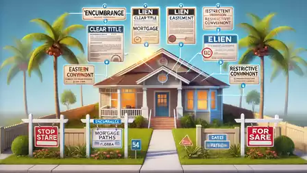 Illustration of a house with signs about mortgages and encumbrances. Palm trees in the background.