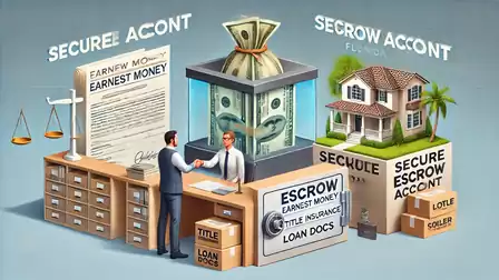 Illustration of escrow accounts with money, a scale, real estate, and documents. People shaking hands over a desk.