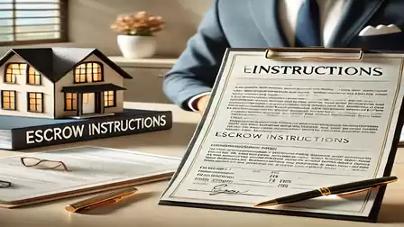 A desk with real estate transaction documents and a small house model displaying ESCROW INSTRUCTIONS documents.