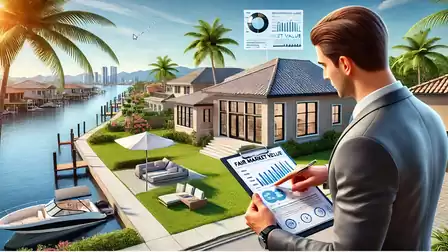 A businessman in a sleek suit examines real estate market analyses next to a luxurious coastal house, surrounded by palm trees and a marina overlooking the sea at sunset.