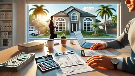 A modern office space with a desk full of financial documents, a laptop, a cup of coffee, and a calculator. Outside the window, a house with palm trees is visible.