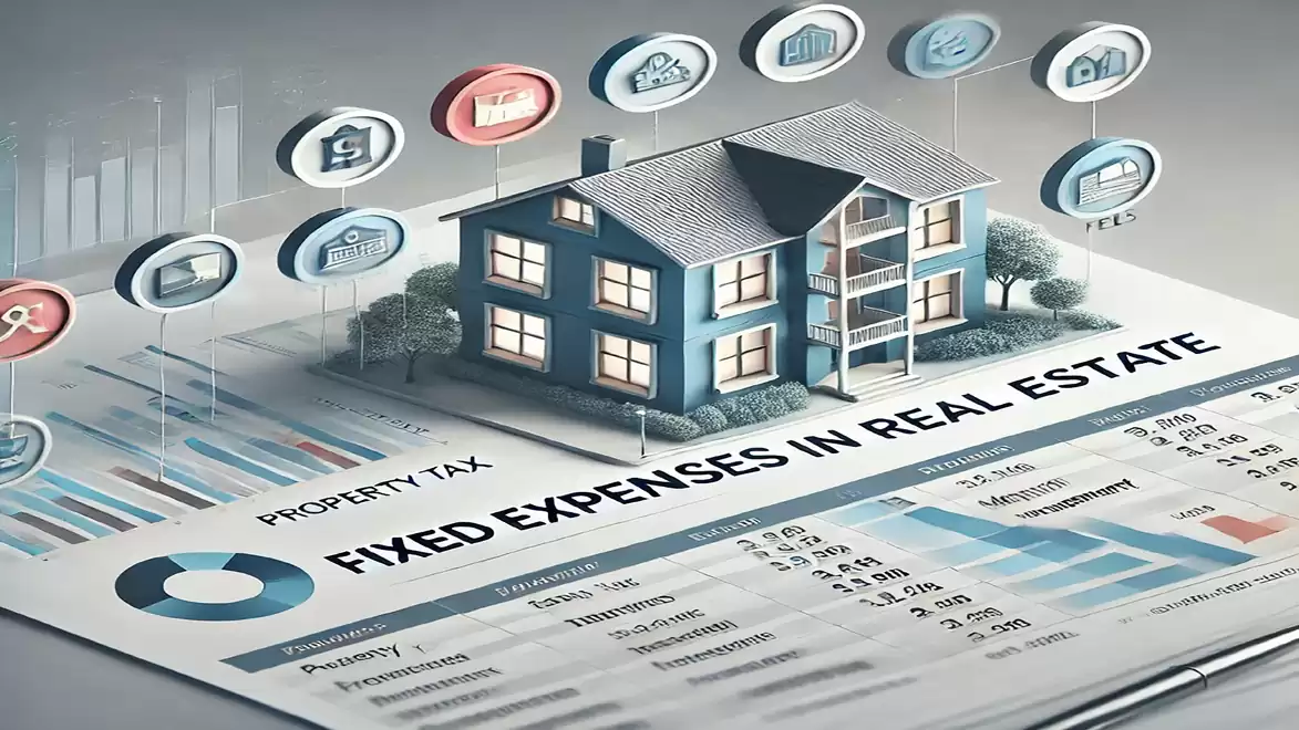 An illustration depicts a model house on a financial document with charts and icons for fixed expenses in real estate.