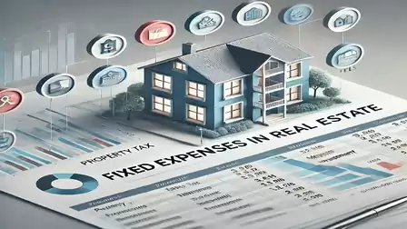 An illustration depicts a model house on a financial document with charts and icons for fixed expenses in real estate.