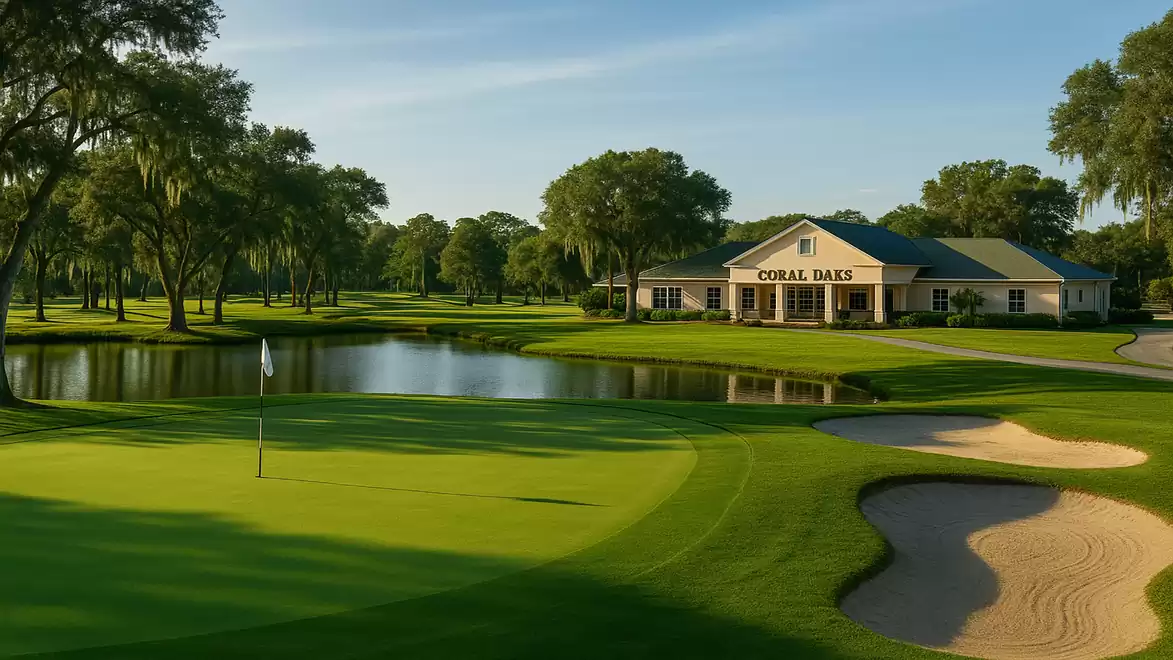 Golf course with green grass, a small pond, sand bunker, and a clubhouse in the background at Coral Oaks.